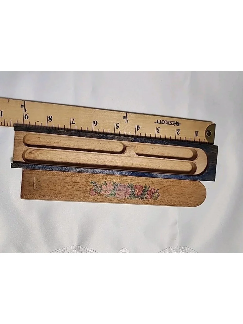 VTG German Wooden Pencil Box Sliding Lid Office Desk Decor Floral Cottagecore
